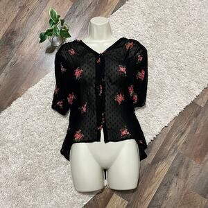 Lucky Brand Small Black Red Floral Swiss Dots Sheer Button Down V-Neck Top